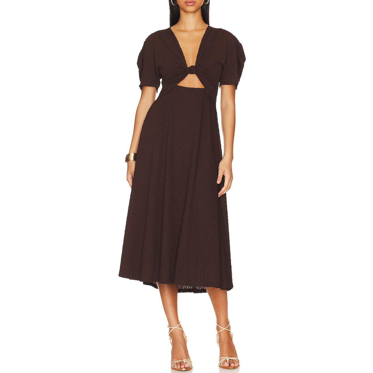 SUMMER WOMEN CUT-OUT SHORT SLEEVE MIDI BROWN DRESSES